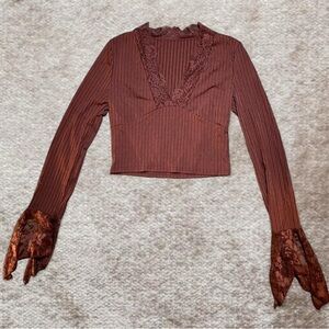 SHEIN Brown Lace Sleeve Blouse
